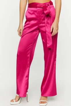 Satin Belted Straight-Leg Pants