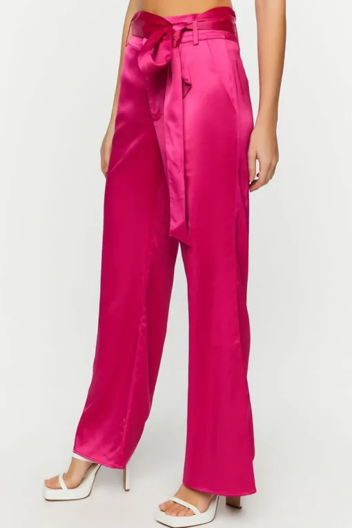 Satin Belted Straight-Leg Pants
