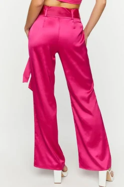 Satin Belted Straight-Leg Pants