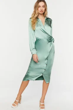 Satin Button-Front Wrap Midi Dress