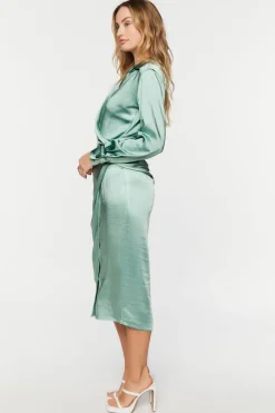 Satin Button-Front Wrap Midi Dress