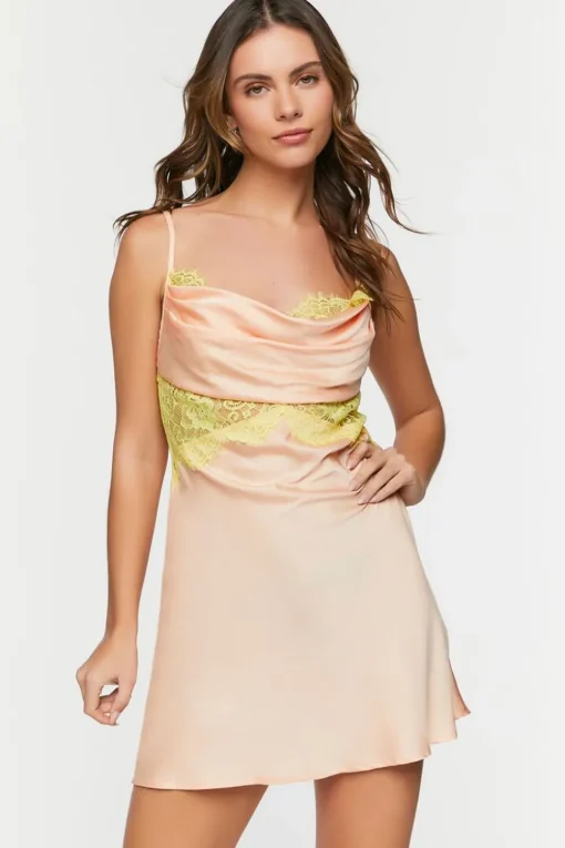 Satin Cowl Lace-Trim Slip Dress