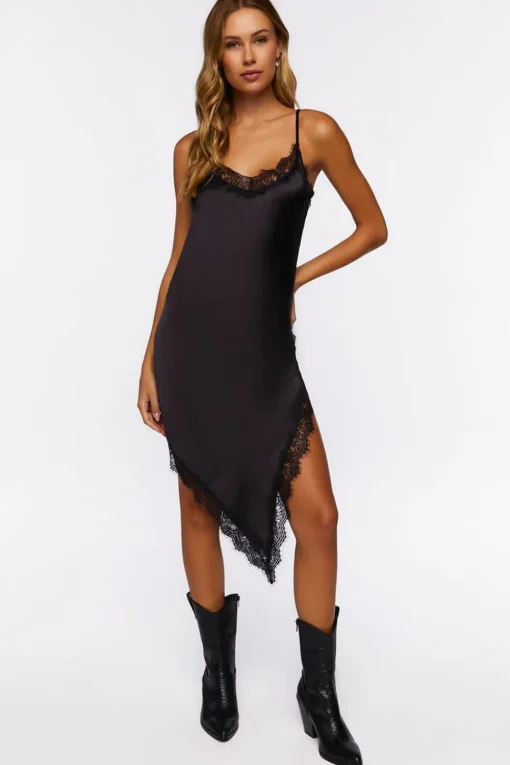 Satin Eyelash Lace Midi Slip Dress