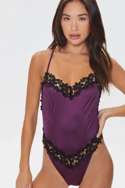 Satin Floral Lace Lingerie Bodysuit