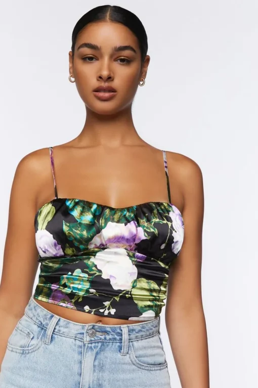 Satin Floral Print Cropped Cami