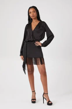 Satin Fringe Mini Skirt