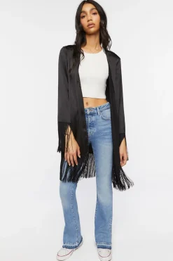 Satin Fringe-Trim Kimono