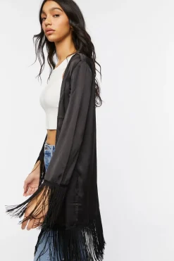 Satin Fringe-Trim Kimono