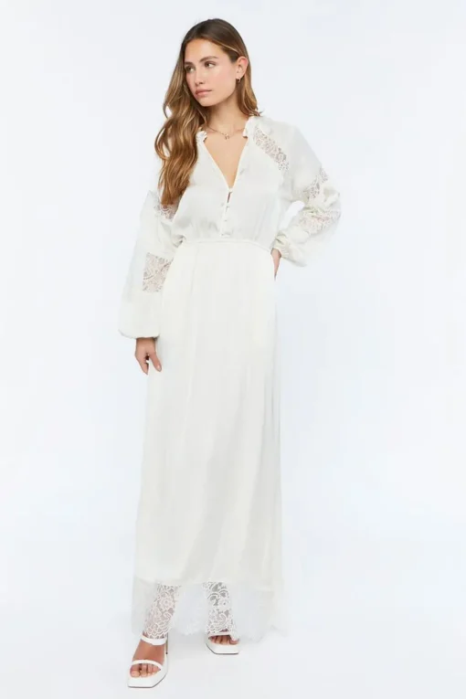 Satin Lace-Trim Maxi Dress