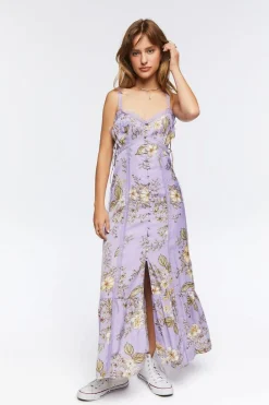 Satin Lace-Trim Midi Dress