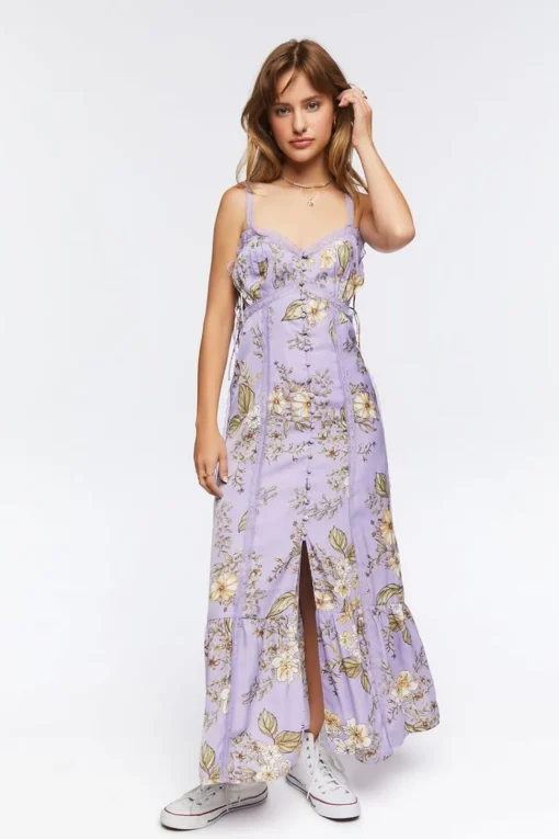 Satin Lace-Trim Midi Dress