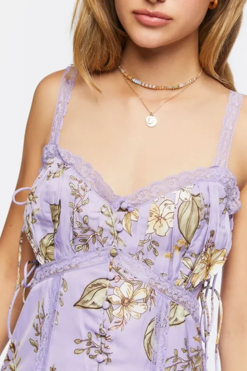Satin Lace-Trim Midi Dress