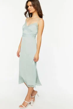Satin Lace-Trim Midi Slip Dress
