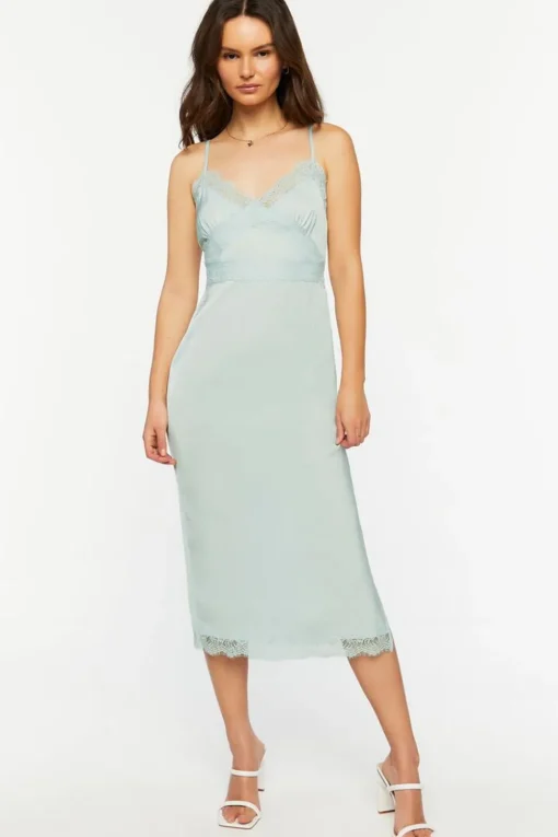 Satin Lace-Trim Midi Slip Dress