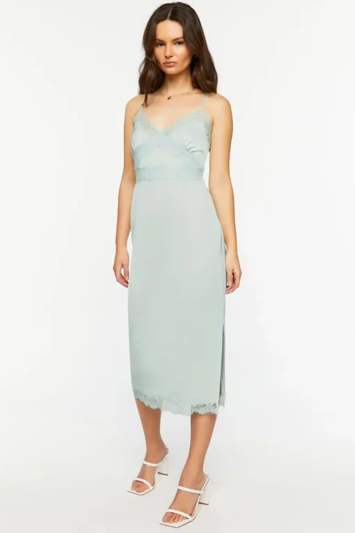 Satin Lace-Trim Midi Slip Dress