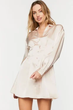 Satin Long-Sleeve Pleated Mini Dress
