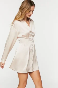 Satin Long-Sleeve Pleated Mini Dress