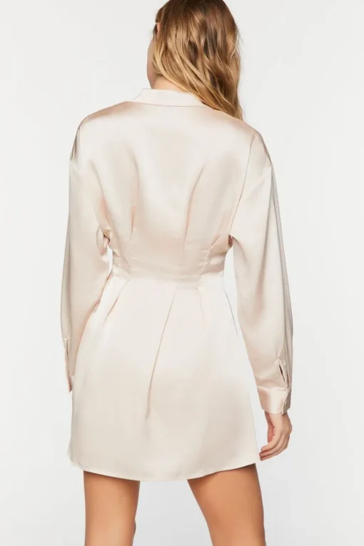 Satin Long-Sleeve Pleated Mini Dress