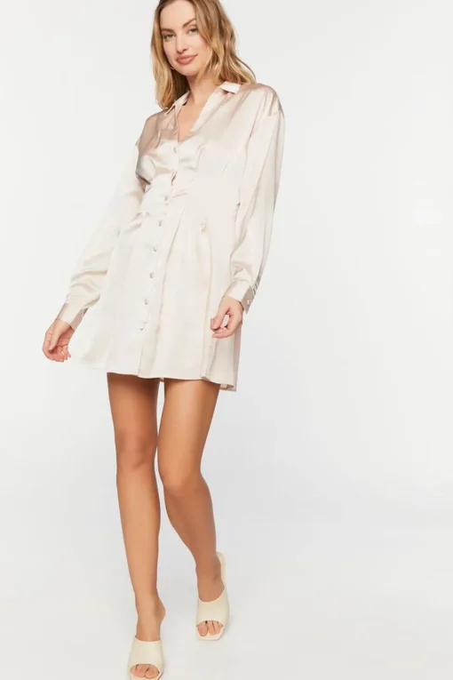 Satin Long-Sleeve Pleated Mini Dress