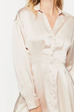 Satin Long-Sleeve Pleated Mini Dress