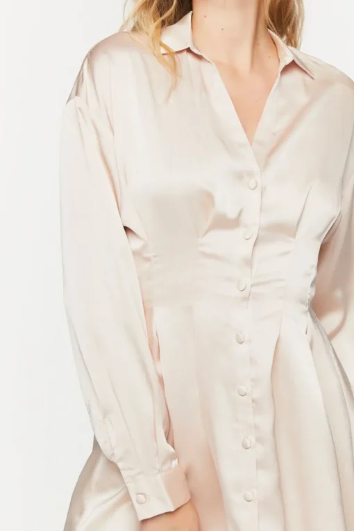 Satin Long-Sleeve Pleated Mini Dress