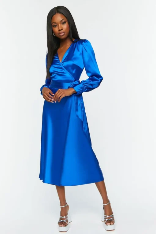 Satin Surplice Wrap Midi Dress