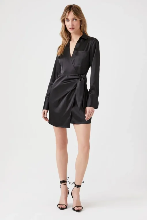 Satin Surplice Wraparound Mini Dress