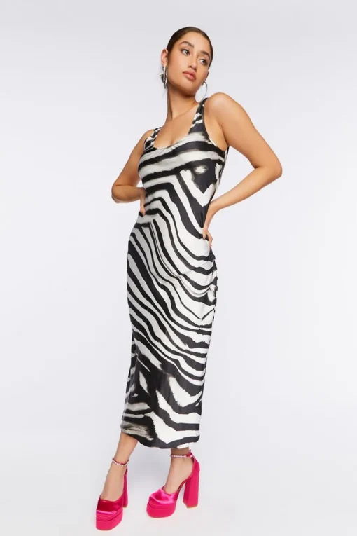 Satin Zebra Print Midi Dress