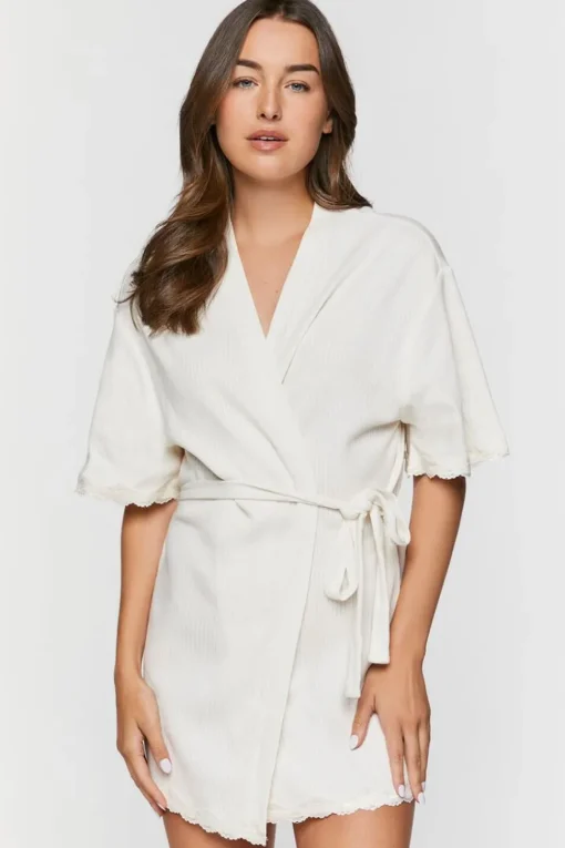 Scalloped-Trim Ribbed Lingerie Robe