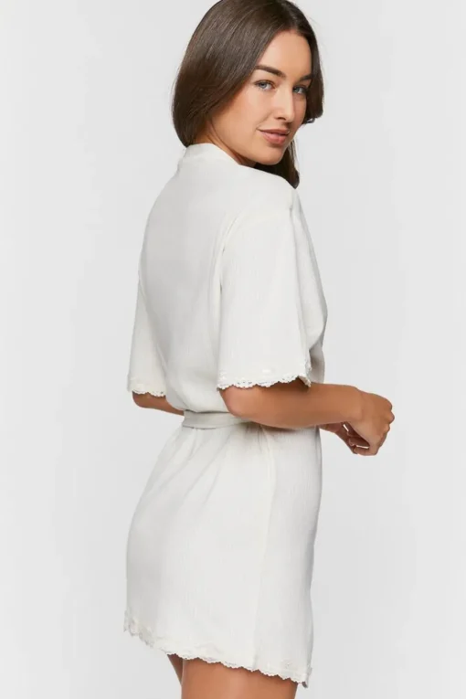 Scalloped-Trim Ribbed Lingerie Robe