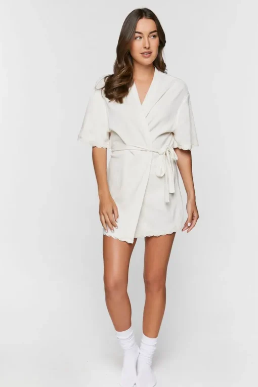 Scalloped-Trim Ribbed Lingerie Robe