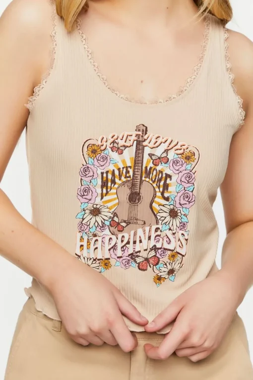 Self Love Graphic Lace-Trim Tank Top