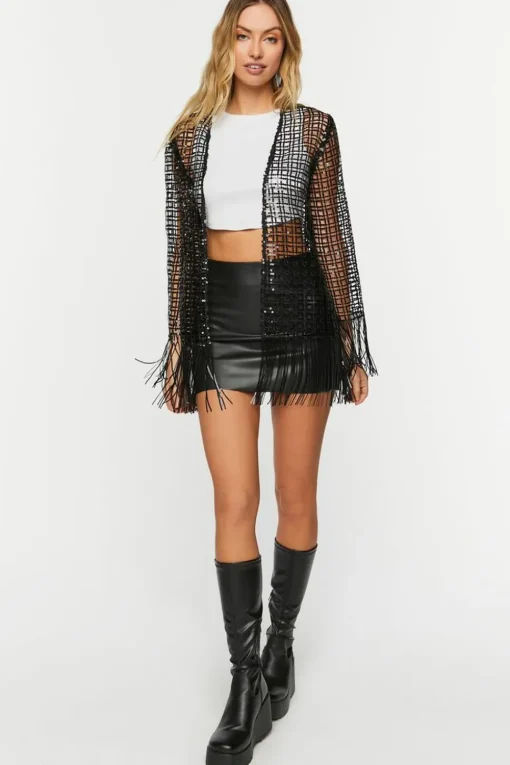 Sequin Open-Knit Fringe Kimono