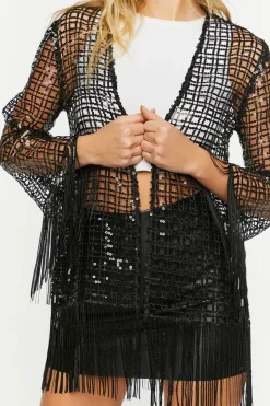 Sequin Open-Knit Fringe Kimono