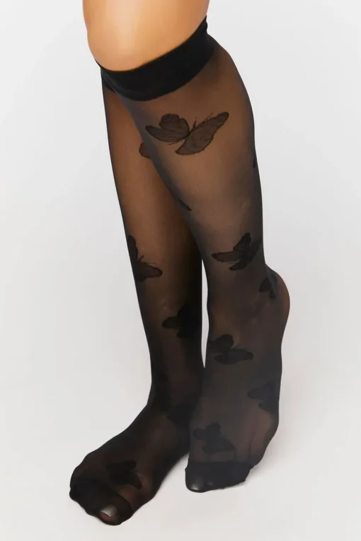 Sheer Butterfly Print Crew Socks