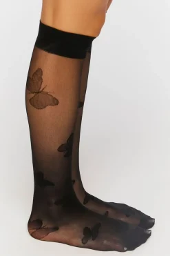 Sheer Butterfly Print Crew Socks
