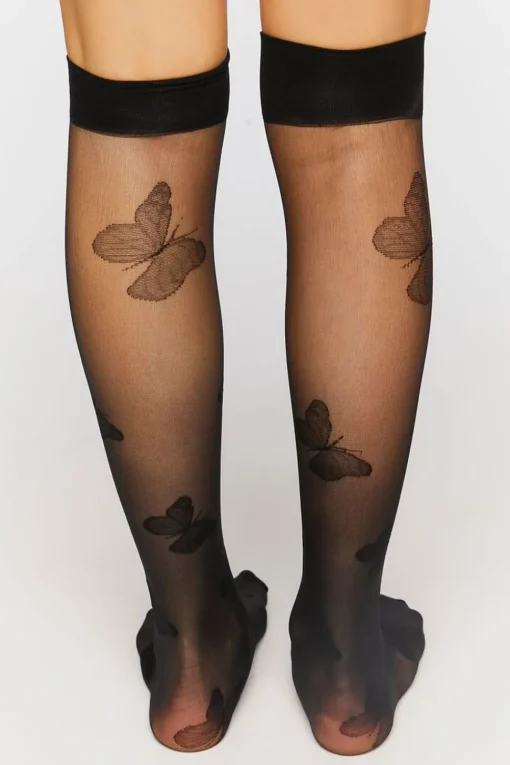 Sheer Butterfly Print Crew Socks
