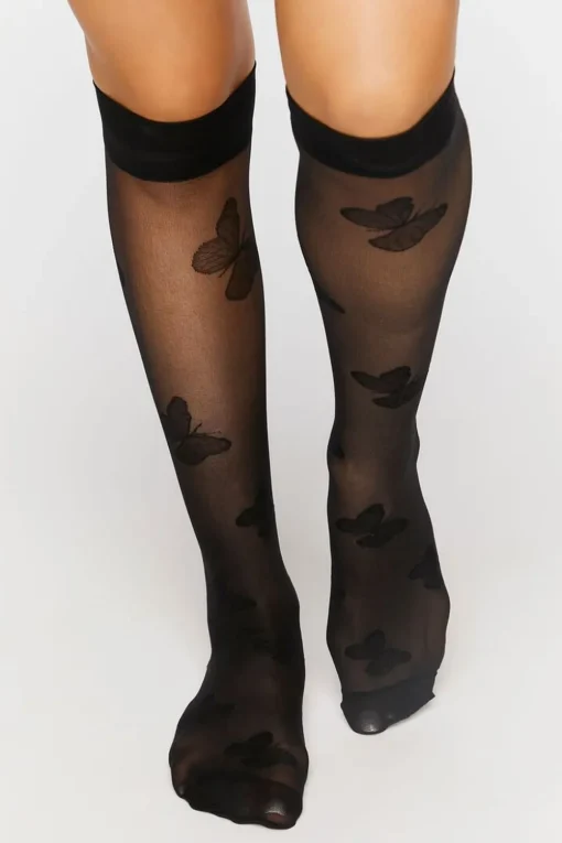 Sheer Butterfly Print Crew Socks