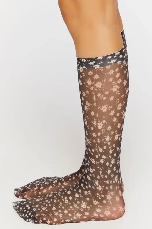 Sheer Ditsy Floral Print Crew Socks