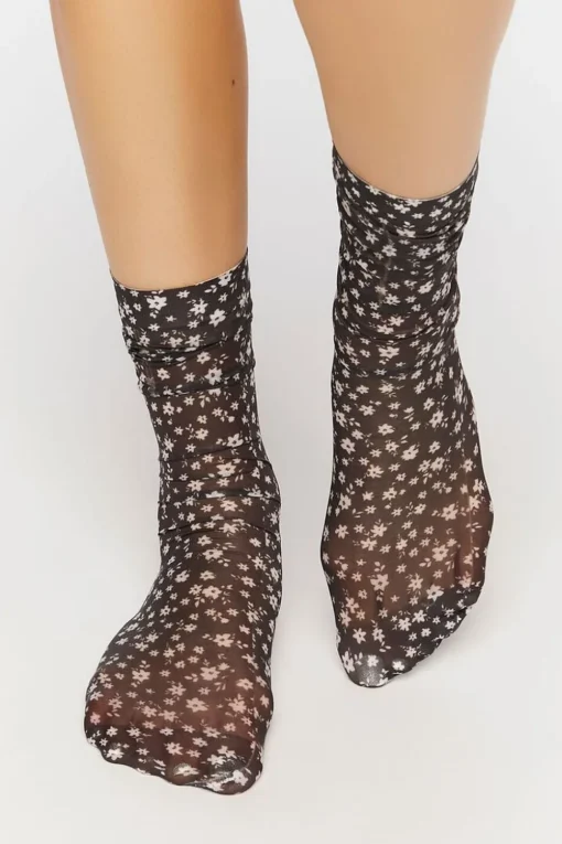 Sheer Ditsy Floral Print Crew Socks