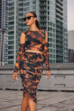 Sheer Flame Print Mesh Top