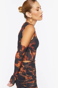 Sheer Flame Print Mesh Top