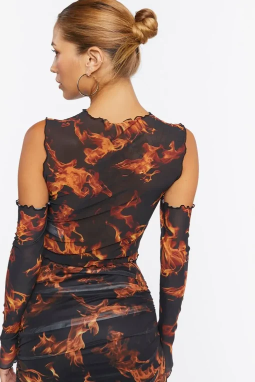 Sheer Flame Print Mesh Top