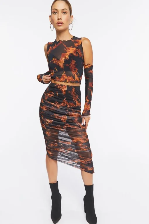 Sheer Flame Print Mesh Top