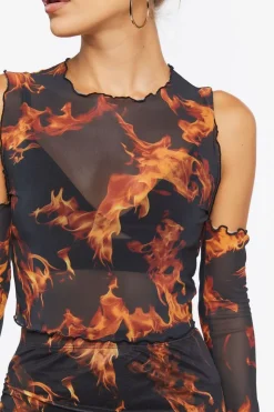 Sheer Flame Print Mesh Top