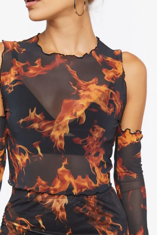 Sheer Flame Print Mesh Top