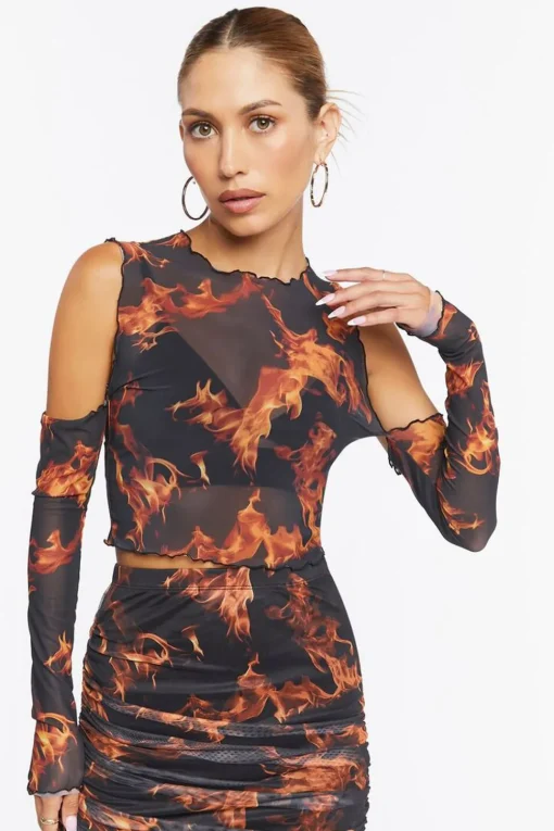 Sheer Flame Print Mesh Top
