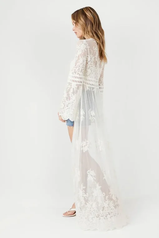 Sheer Lace Open-Front Kimono