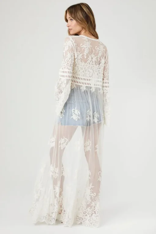 Sheer Lace Open-Front Kimono