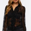 Sheer Lace Ruffle-Front Shirt
